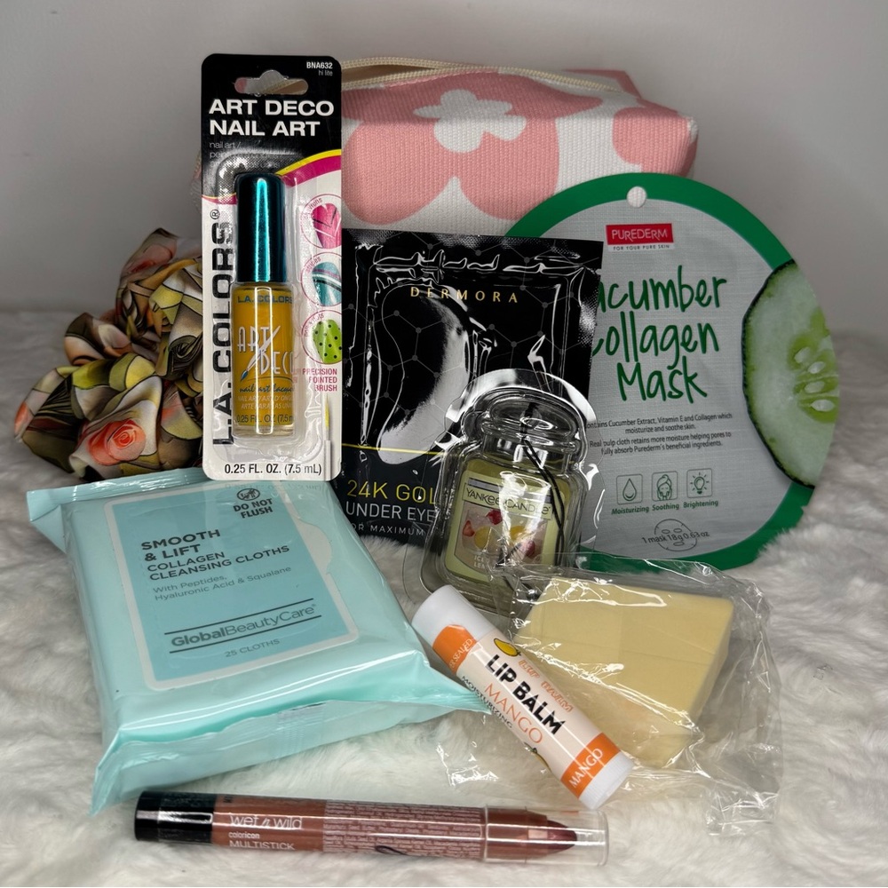 Pink floral cosmetic bag with 10 various NEW beauty products/items